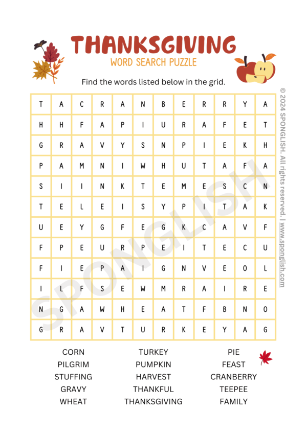 Thanksgiving word search worksheet