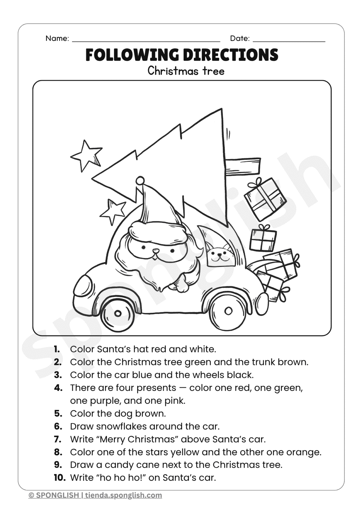 Following directions Christmas worksheet