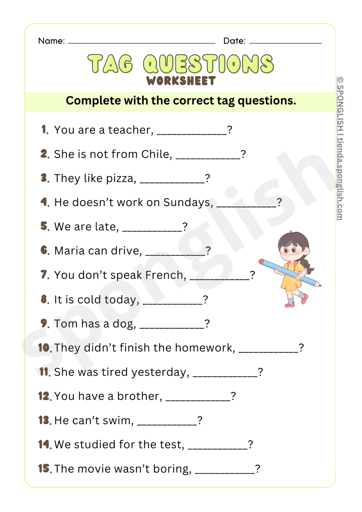 tag questions worksheet