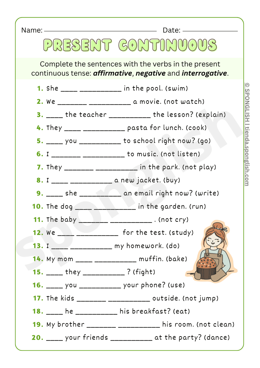Present Continuous Worksheet: Complete Sentences with -ing - SPONGLISH