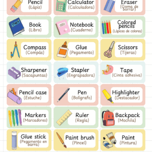 útiles escolares en inglés y español