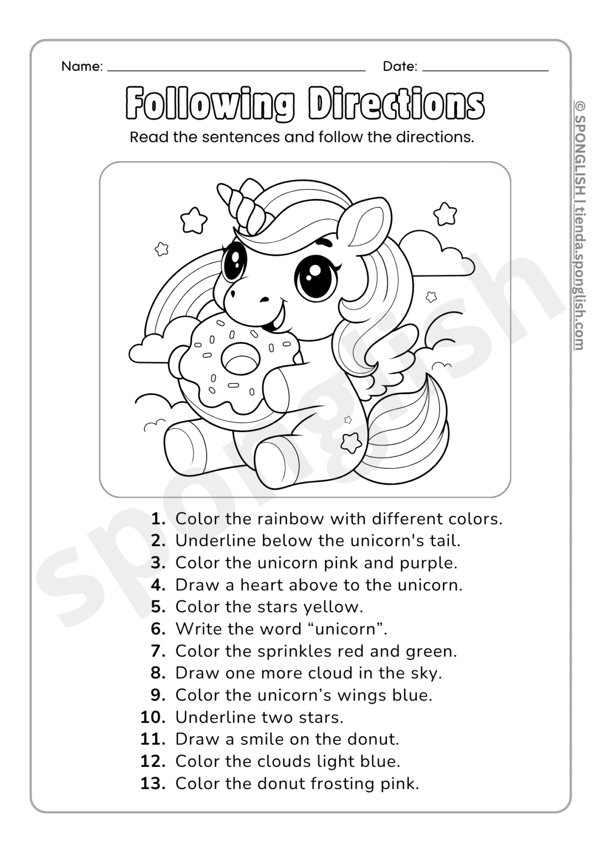 following directions worksheet unicorn